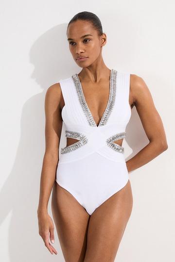 Embellished Trim Cut Out Swimsuit white
