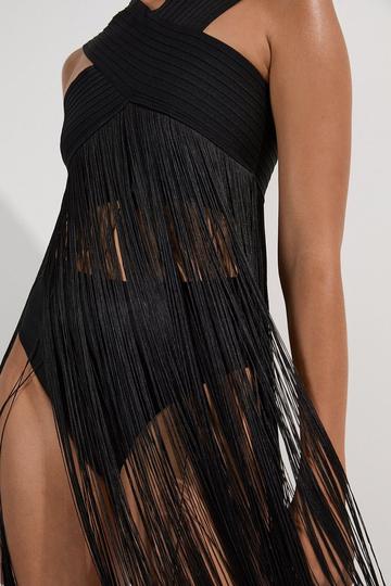 Black Bandage V Neck Cut Out Fringed Bikini Top