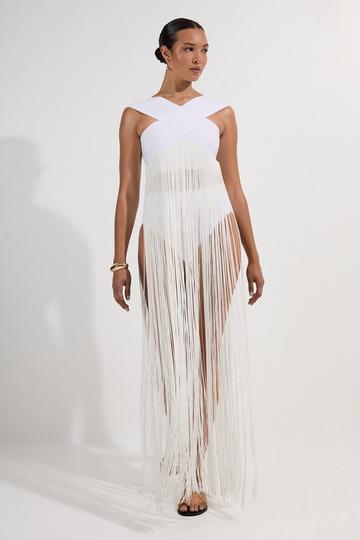 Bandage V Neck Cut Out Fringed Bikini Top white