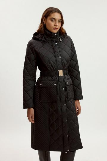 Black Quilted Hooded Longline Coat