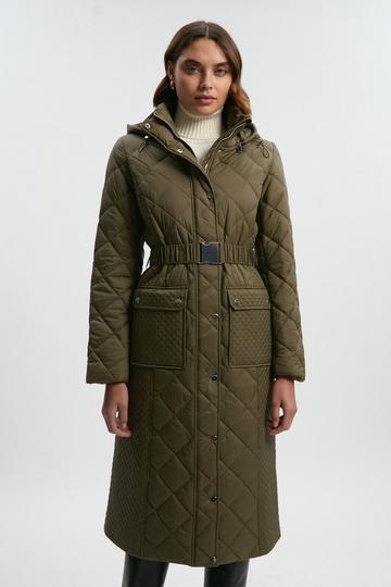 Quilted Hooded Longline Coat khaki