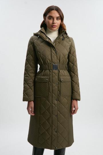 Petite Quilted Hooded Longline Coat khaki