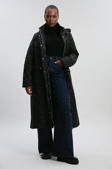 Plus Size Quilted Hooded Longline Coat black