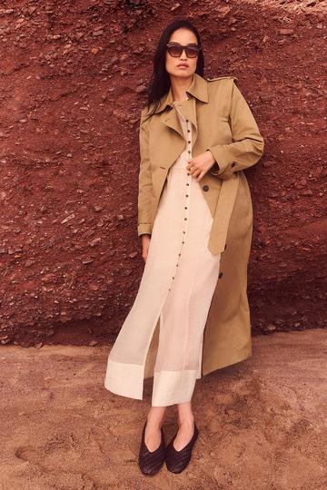 Strong Shoulder Belted Maxi Trench Coat olive