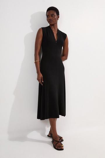 Black Viscose Blend Zip Front Sleeveless Knitted Midi Dress