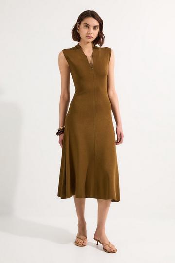 Viscose Blend Zip Front Sleeveless Knitted Midi Dress olive