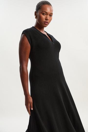 Plus Size Viscose Blend Zip Front Sleeveless Knitted Midi Dress black