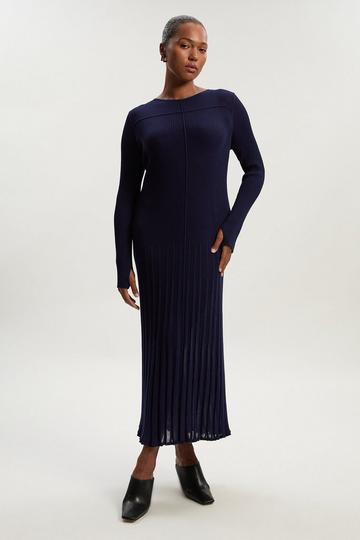Plus Size Drapey Sheer Rib Knitted Midi Dress navy