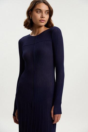 Petite Drapey Sheer Rib Knitted Midi Dress navy