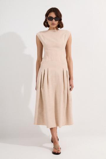 Petite Spring Tweed Tailored Sleeveless Full Skirted Midi Dress neutral