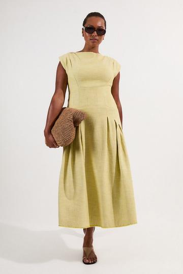 Plus Size Spring Tweed Tailored Sleeveless Full Skirted Midi Dress lime