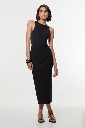 Black Compact Stretch Pocket Detail Tailored Midi Pencil Skirt