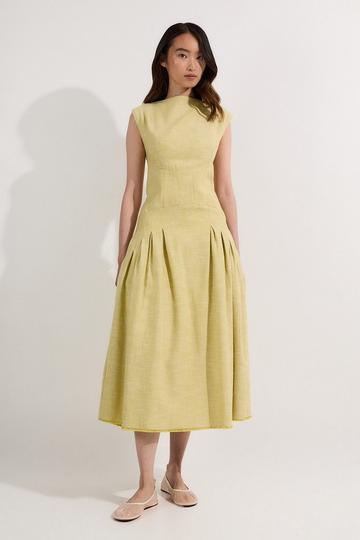 Spring Tweed Tailored Sleeveless Full Skirted Midi Dress lime