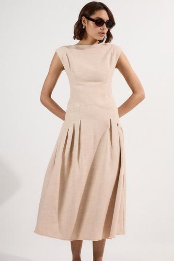Spring Tweed Tailored Sleeveless Full Skirted Midi Dress neutral