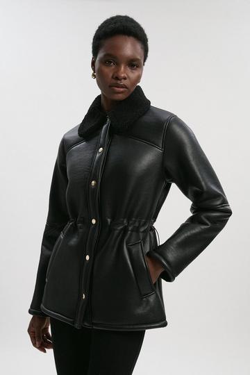 Faux Fur Collar Waisted Coat black