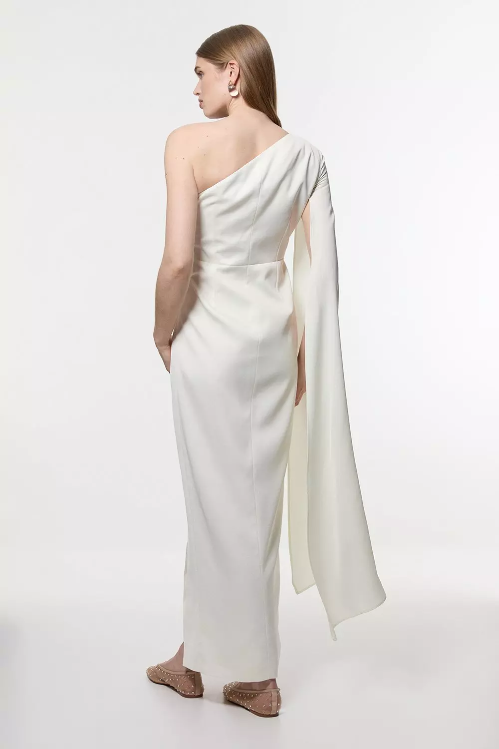 Petite Satin Drape One Shoulder Tailored Maxi Dress | Karen