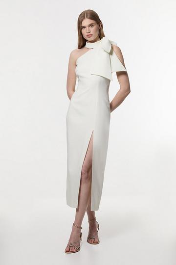 Petite Satin Bow Tie Neck Tailored Midi Dress ivory