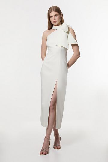 Satin Bow Tie Neck Tailored Midi Dress ivory