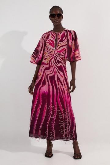 Animal Print Georgette Embellished Short Sleeve Woven Maxi Dress pink