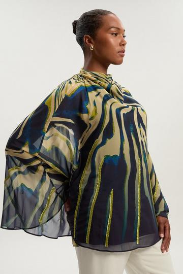 Navy Plus Size Animal Print Georgette Embellished Woven High Neck Cape Blouse