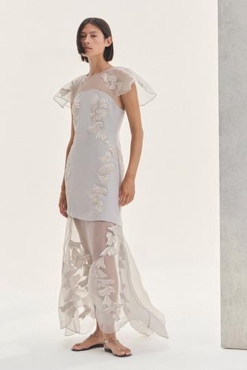 Silver Quilted Applique Organdie Angel Sleeve Woven Maxi Dress