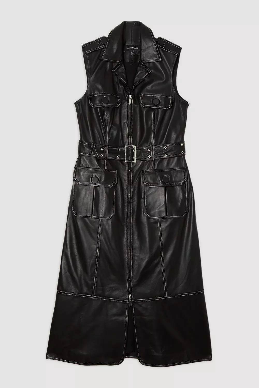Leather Contrast Stitch Belted Sleeveless Midi Dress | Karen