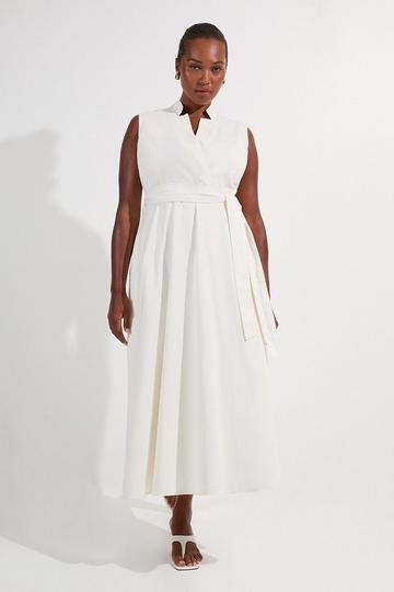 Plus Size Denim Tailored Notch Neck Belted Fluid Midi Dress ivory