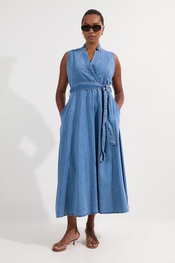 Blue Plus Size Denim Tailored Notch Neck Belted Fluid Midi Dress