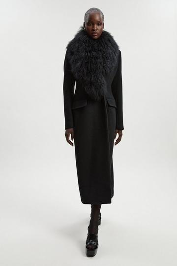 Black Wool Detachable Fur Collar Tailored Double Breasted Midi Coat