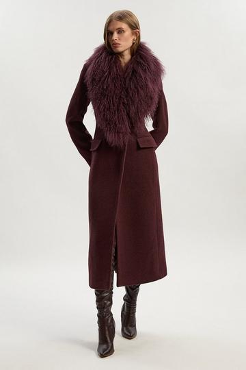 Wool Detachable Fur Collar Tailored Double Breasted Midi Coat burgundy