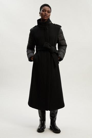 Black Wool Hybrid Puffer High Neck Belted Midi Coat