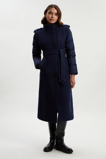 Wool Hybrid Puffer High Neck Belted Midi Coat navy