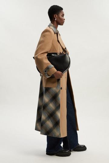 Wool Check Tailored Belted Trench Midi Coat camel