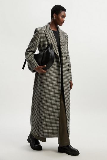 Wool Blend Houndstooth Tailored Fitted Maxi Coat multi