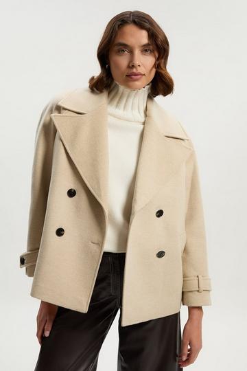 Petite Tailored Brushed Wool Double Breasted Short Pea Coat oatmeal