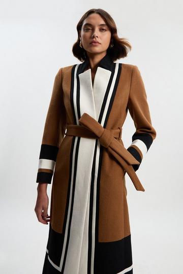 Brushed Wool Colour Block Tailored Belted Midi Coat camel