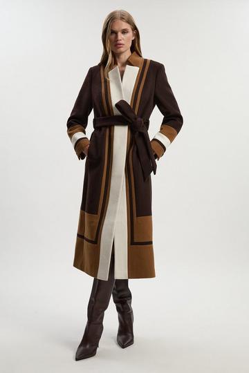 Brushed Wool Colour Block Tailored Belted Midi Coat chocolate