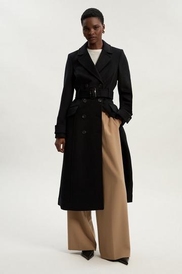 Black Tailored Wool Blend Double Breasted Buckle Belted Midi Coat