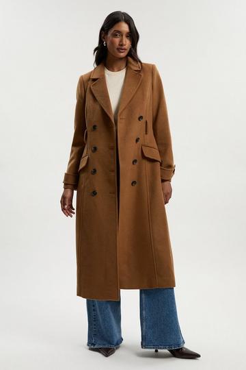 Tailored Wool Blend Double Breasted Buckle Belted Midi Coat camel