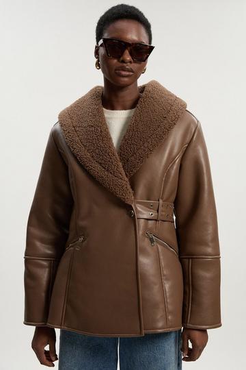 Faux Leather Bonded Waisted Peplum Coat chocolate