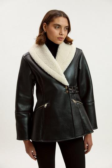 Faux Leather Bonded Waisted Peplum Coat mono