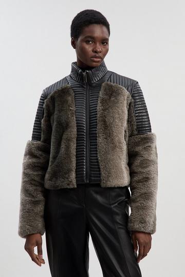 Faux Fur & Faux Leather Panelled Biker Short Coat grey