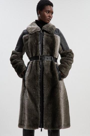 Faux Fur & Faux Leather Panelled Biker Belted Long Coat grey