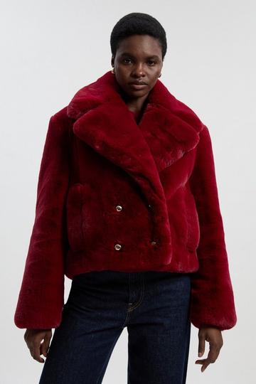 Red Faux Fur Buttoned Short Coat