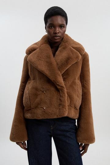 Faux Fur Buttoned Short Coat toffee