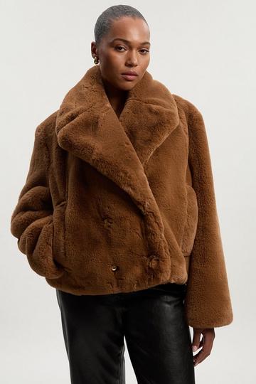 Plus Size Faux Fur Buttoned Short Coat toffee