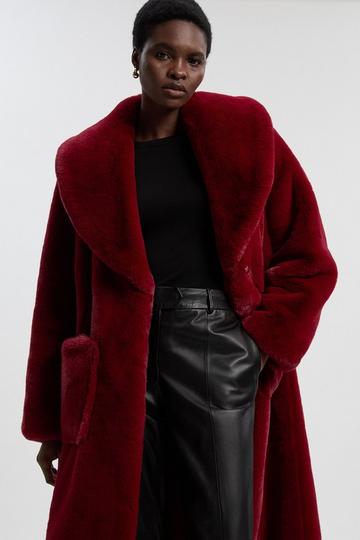 Red Petite Faux Fur Buttoned Midi Coat