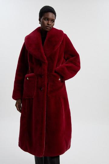 Red Faux Fur Buttoned Midi Coat