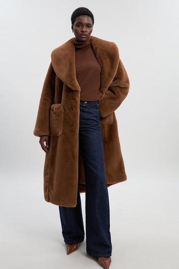 Faux Fur Buttoned Midi Coat toffee
