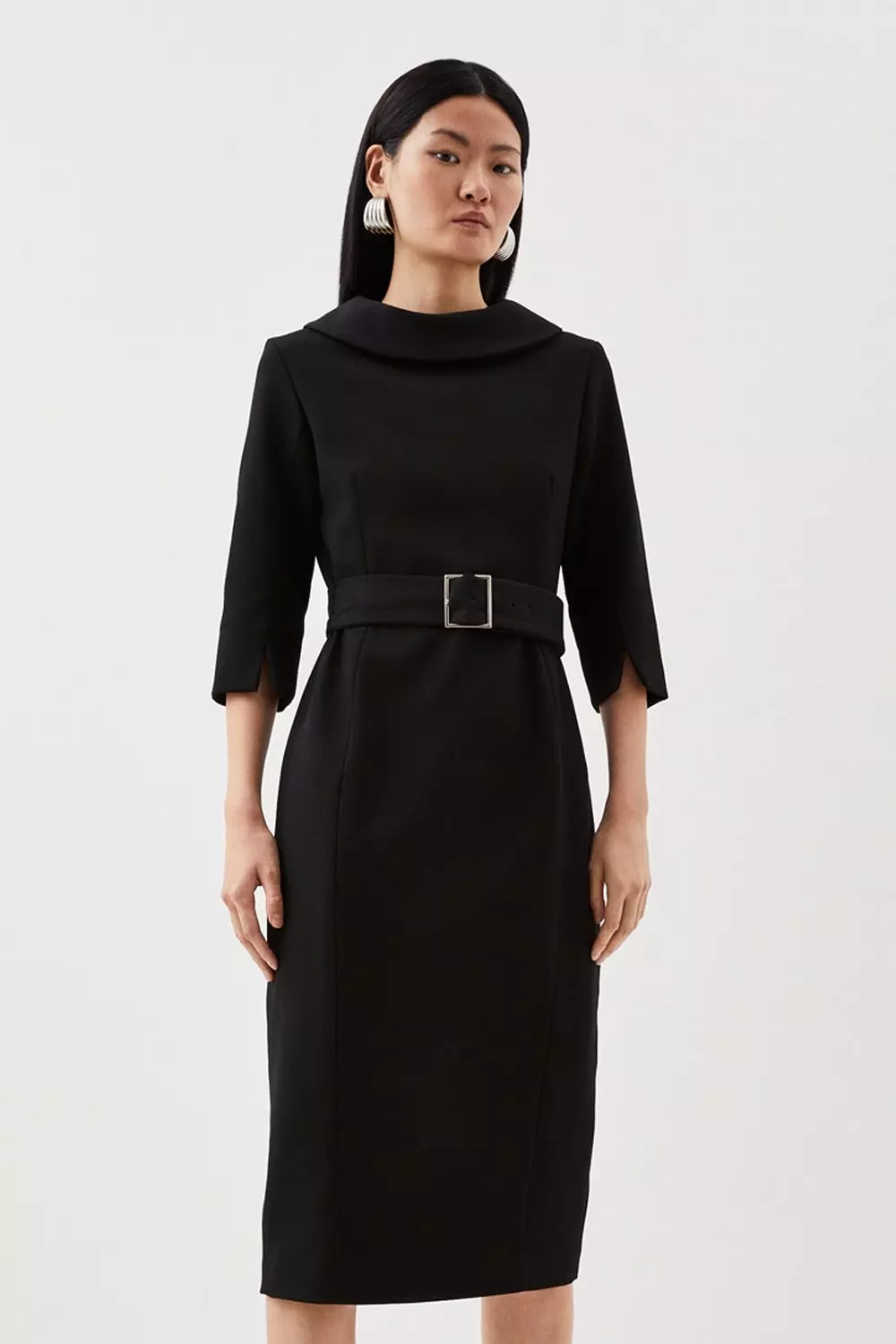 Black Petite Tailored Structured Crepe Turtleneck Pencil Midi Dress alternative image